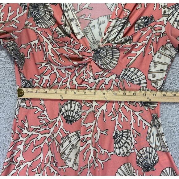 Boston Proper Coral Beach Seashell Print 3/4 Sleeves V-Neck Ruched Top Size 5 - Picture 9 of 14